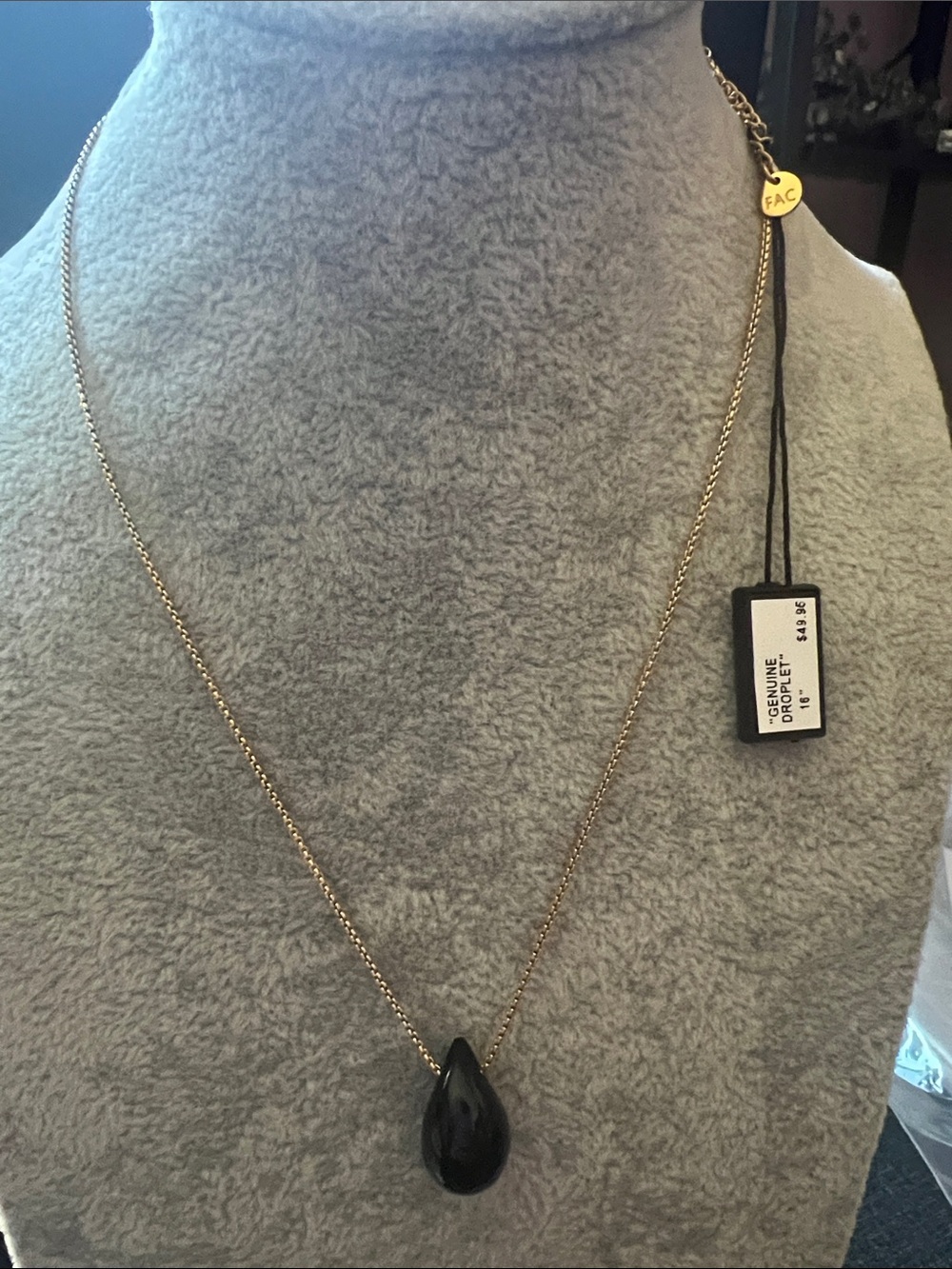 Gold Chain Necklace with Black Onyx Teardrop Pendant